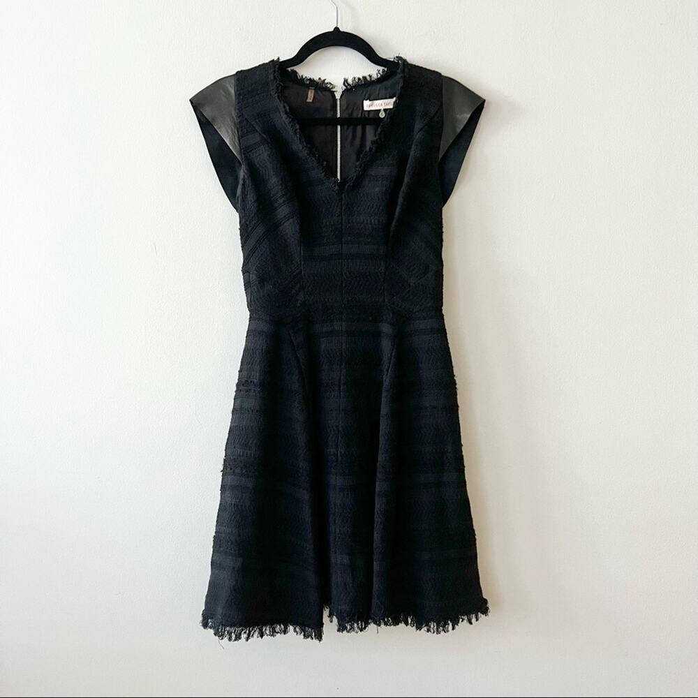 Rebecca Taylor Black Tweed Leather Accent Fit & Flare Dress